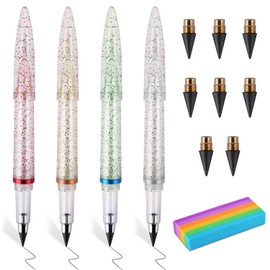 RNHDLY Eternal Pencil, Pack of 4 Inkless Pencils, Eternal Pencil, Eternal Pencil with Eraser, Interchangeable Eternal Pencil with 8 Replacement Heads Refills, 1 Eraser