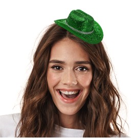 Green Mini Sparkling Cowgirl Hat - Fascinator Style Miniature Green Cowboy Hats - Perfect for St Patricks Day, Hen Parties and Fancy Dress Costume - Pack of 6