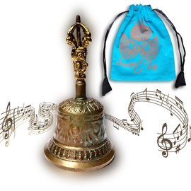 Sweet Us Solid Sturdy Antique Brass Hand Bell and Pouch Bundle, Tibetan Buddhist for Meditation, for Prayer, for Dinner, Soft Sweet Melodic Wedding Bell, Service Call, School Bell, 5-in High