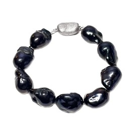 12-15mm Black Baroque Freshwater Cultured Pearl Bracelet AA+ Quality Stylish Sterling Silver Clasp, 8"