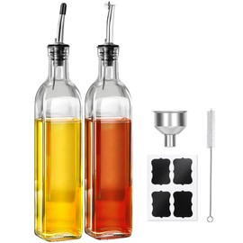 WEILAIDI Olive Oil Dispenser Bottle, 2 Pcs Oil Dispenser for Kitchen, 17 oz Glass Olive Oil Bottle and Vinegar Dispenser Set with 2 Stainless Steel Pourers, 4 Labels,1 Brush and 1 Funnel