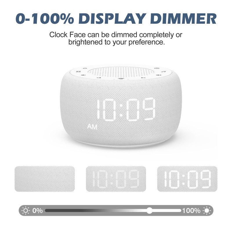 Buffbee Sound Machine & Alarm Clock 2-in-1, 0-100% Clock Face