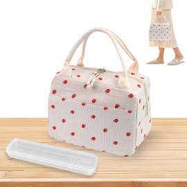BZUEPRS Lunch Bag with Cutlery Case, 9.5 L Insulated Leakproof Lunch Box Tote Bag for Kids Girls Boys Adults, Strawberry Print Cooler Bag for Work School Picnic Outdoor
