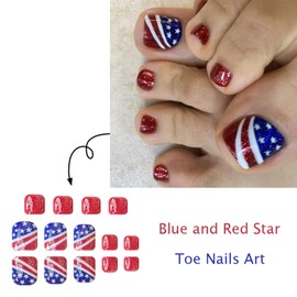 Independence Day Press on Toenails Short Square Fake Toe Nails with American Flag Design Red Blue False Toenails 4th of July Toe Nails Press on Summer Glossy Acrylic Toenails for Women 24Pcs