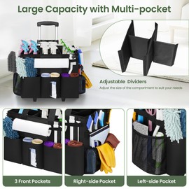 Rolling Cleaning Caddy Bag with Detachable Trolley, Large Cleaning Supply Organizer Bag with Multi-pocket and Removable Dividers, Cleaning Bag on Wheels for Housekeeper, Cleaner
