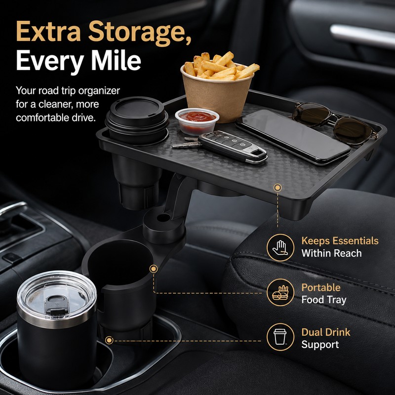 Car Cup Holder Tray for Travel – 360° Rotating Dual