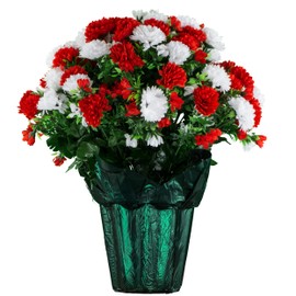 Sympathy Silks Memorial Artificial Flowers Weighted Pot Bouquet Decoration - Height 18"-20" - Artificial Greenery - Fade Resistant - Red and White Mum Potted Silk