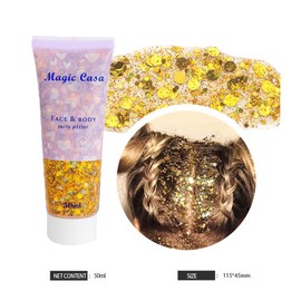 Glitter Gel with Face Rhinestones Christmas Sequin, Face Glitter Body Gel Sequins Shimmer Liquid Eyeshadow, Chunky Glitter for Face Hair Nails, Gold Sparkling Christmas Party Makeup for Women