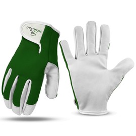 STONELIGHT Unisex Gardening Gloves Made with Leather & Spandex - Thorn Proof Rigger Safety Work Gloves with Reinforced Fingertips, Adjustable Wrist Closure, Waterproof & Breathable (Green, S)