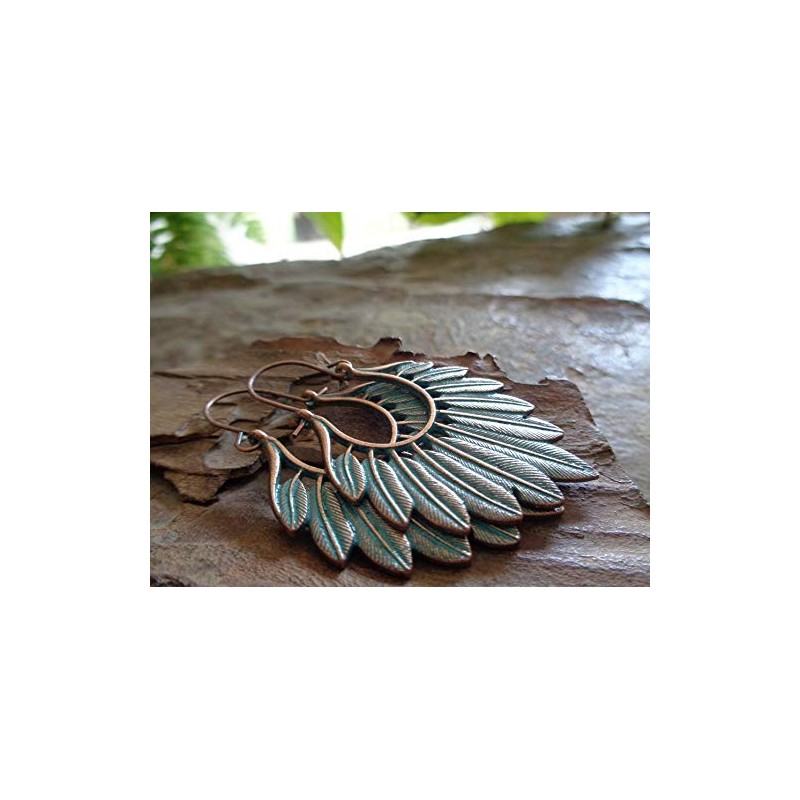 ✿ Feather wreath patina copper feather earrings✿ Exceptional side earrings