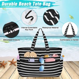 WACCET XXL Family Beach Bag, Large Waterproof Beach Bag for Women, with Zip, Foldable Lightweight Swimming Bag with Multiple Pockets, Beach Bag, Tote Bag for Beach, Travel, Holiday, Pool, Black and
