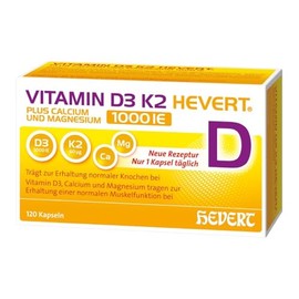 Vitamin D3 K2 Hevert plus Calcium and Magnesium 1,000 IU with 4-fold Osteo Formula for Healthy Bones and Muscles, Pack of 120 Capsules