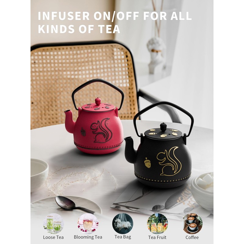 Toptier Teapot with Removable Infuser, Cast Iron Tea Kettle Stovetop
