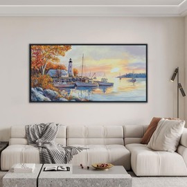 QZQCBLC Sunset Landscape Wall Art, Sea Harbor Lighthouse Ink Paintings Framed Artwork Homeward-bound Boat Soft Tone Wall Pictures for Living room Bedroom Bathroom Home Office Decor 20x40 IN