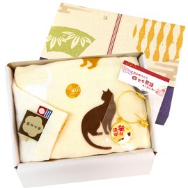 [Happiness Japanese Towel Gift] 2 Piece Set (Imabari Towel [Gauze Type] + Key Ring) (Cat)