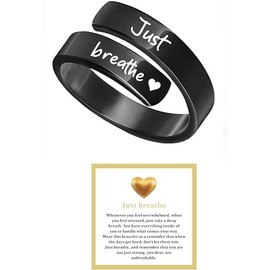 Dainty Just Breathe Ring for Women,Adjustable Inspirational Engraved Heart Stainless Steel Open Ring Personality Jewelry Gift (black)