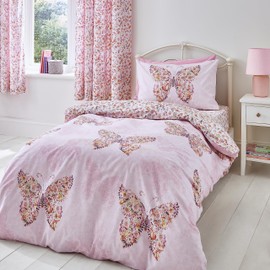 Catherine Lansfield Enchanted Butterfly Reversible Double Duvet Cover Set with Pillowcases Pink