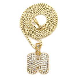 Fashion 21 Unisex Iced Out Alphabet Letter Bubble Initial Pendant 2mm 24" Box Chain Necklace in Gold, Silver Tone (Gold - H)