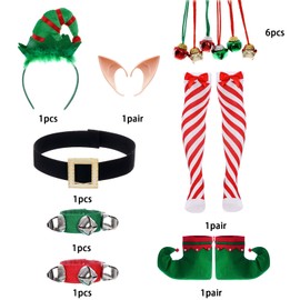 Ishua 13pcs Women Christmas Elf Costume, Christmas Adult Elf Costume Set, Women Elf Clothes Set with Elf Ears Striped Socks Accessories