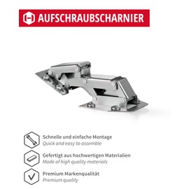 Gedotec Screw-On Hinge Made of Steel, Pack of 4 Furniture Hinges, CH 300 Caravan Hinge without Damping, Nickel-Plated High Hinge, Opening Angle: 90°, Mounting Hinge for Screwing On