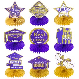 Pistha Gold and Purple Graduation Decorations Class of 2025 Honeycomb Centerpieces Graduations Table Toppers Glitter Graduation Centerpieces