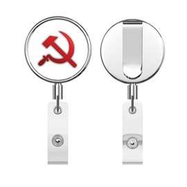 Red Sickle and Hammer Symbol Round ID Badge Key Card Tag Holder Badge Retractable Reel Badge Holder with Belt Clip