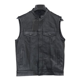 Mens Motorcycle Button Leather Vest with Concealed Gun Pockets Mc Club Vest SOA Single Panel (4XL 56"-58")