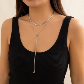 Lariat Y Necklace for Women Layered Snake Chain Necklace Dainty Y-Shaped Long Chain Necklace Boho Statement Necklace for Girls (Silver)