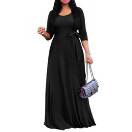 FANDEE Long Dress for Women Casual Maxi Empire Waist 3/4 Sleeve Church Dresses with Belt Black XL