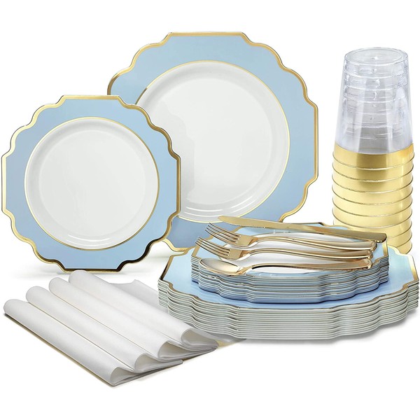 " OCCASIONS" 640 Piece set (80 Guests)-Heavyweight Wedding Party Disposable Plastic Plate Set - 80 x 10.5'' + 80 x 8'' + Silverware + Cups + Napkins (Imperial in White/Blue & Gold)