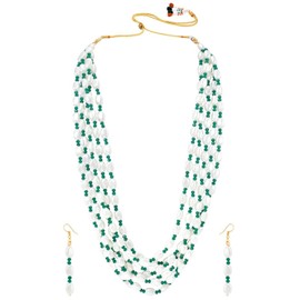 Aheli Traditional White Beads Layered Long Necklace & Drop Earring Ethnic Jewelry Set Fashion Gift for Women