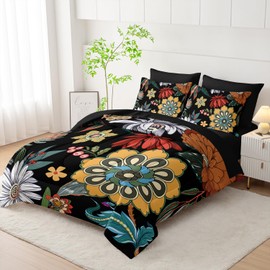 Nttopship 7 Pieces Colorful Floral Comforter Set,Bohemian Botanical Bedding Set Full Size,Boho Farmhouse Flower Leaves Printed on Black Design,All Season Lightweight Soft Microfiber Bedding Set