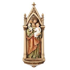 Joseph's Studio by Roman - St. Joseph and Child Jesus Holy Water Font, Renaissance Collection, 7.75" H, Resin and Stone, Religious Gift, Decoration, Collection, Durable, Long Lasting