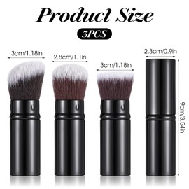 3-Pack Retractable Makeup Brushes - Travel Kabuki Brush Set for Foundation, Blush, Sunscreen & Bronzer, Compact Aluminum Face Brushes with Soft Synthetic Bristles