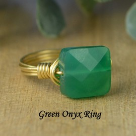 Faceted Green Onyx Square Gemstone Bead and Sterling Silver or Gold Filled Wire Wrapped Ring- Made to size 4-14