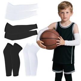 4pairs Kids Leg Sleeves Compression and Arm Sleeves, Youth Basketball Leg Sleeves Non Slip Long Compression Leg Sleeves for Boys Girls, Youth Leg and Arm Wraps for Cycling Basketball Sport Black White
