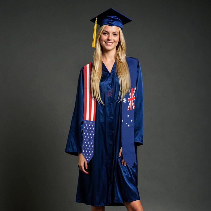 USA And Australia Flag Graduation Stole, Satin Embroidery Graduation Sash
