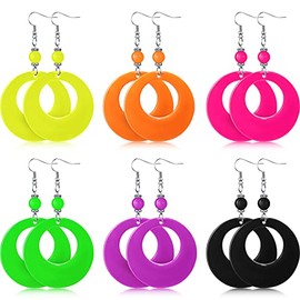 Yinkin 6 Pairs 80s 90s Neon Earrings for Women Retro Oval Geometry Star Circular Drop Pendant Acrylic Dangle Earrings for 80S Costume Outfits Dancing Glow Party Accessory(Circle)