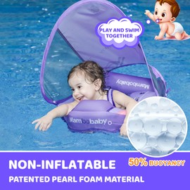 Mambobaby Baby Float with Canopy & Tail Non-Inflatable Baby Swim Float Upgrade Soft Infant Pool Float Sun Protection Newborn Pool Float 3-24 Months Skin-Friendly Material for Toddler Boys Girls