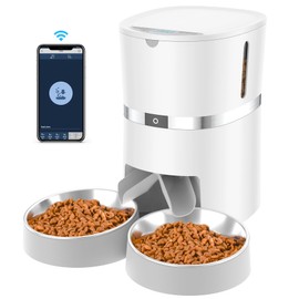 WellToBe Automatic Cat Feeder, WellToBe Pet Feeder Food Dispenser for Cat & Small Dog with Two-Way Splitter and Double Bowls, up to 6 Meals with Portion Control, Voice Recorder - Battery and Plug-in Power
