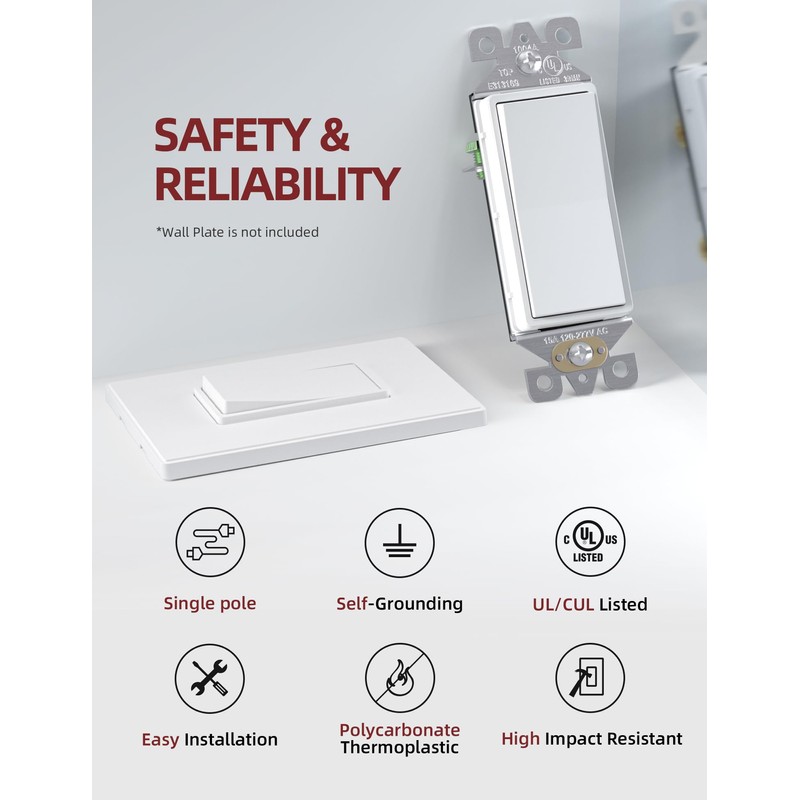 AIDA Matte White Single Pole Decorator Light Switch, 15Amp, 120/277V,