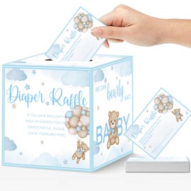 51 Pcs Bear Diaper Raffle Tickets with Diaper Raffle Card Box for Baby Shower Supplies, Blue Bear Themed Insert Card, Advice and Wishes Insert Ticket