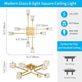 XINGQI Modern Ceiling Light 8 Lights Gold Sputnik Chandeliers Industry Semi Flush Mount Ceiling Light Fixture, Mid Century for Dining Room, Farmhouse Kitchen, Bedroom, Office