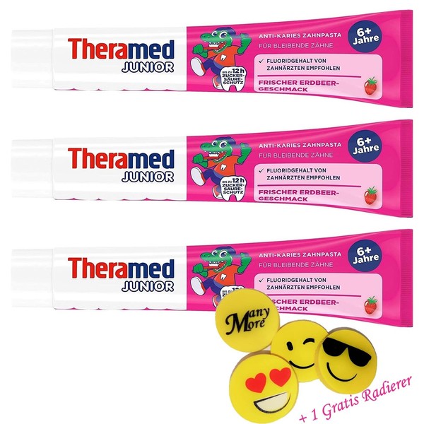 Theramed Junior Strawberry Toothpaste, Pack of 3 (3 x 75 ml) + 1 Free ManyMore Eraser
