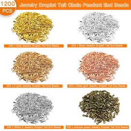 1200Pcs Jewelry Droplet Tail Chain Pendant End Beads Necklace Bracelet Water Drop Pendants End Beads Crimp Ends Extended Extension Chains Tails Clasp for Jewelry Making,6 Colors