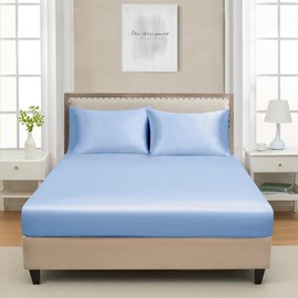 Lanest Housing Full Silk Satin Fitted Sheet, Soft Deep Pocket Single Bottom Bed Sheets Sold Separately, Wrinkle Free, Non- Fading, Breathable, Fully Elasticized(Full Size, Light Blue)