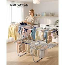 SONGMICS Clothes Drying Rack, Foldable 2-Level Laundry Drying Rack, Free-Standing Laundry Airer, with Height-Adjustable Wings, 33 Drying Rails, Sock Clips, Silver and Blue ULLR53BUV1