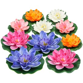 QUOZUO 10PCS 3 Sizes Artificial Foam Lotus Floating Flowers with Water Lily Pad Ornaments for Home Garden Pond Decor Pools Water Decorations, Colorful