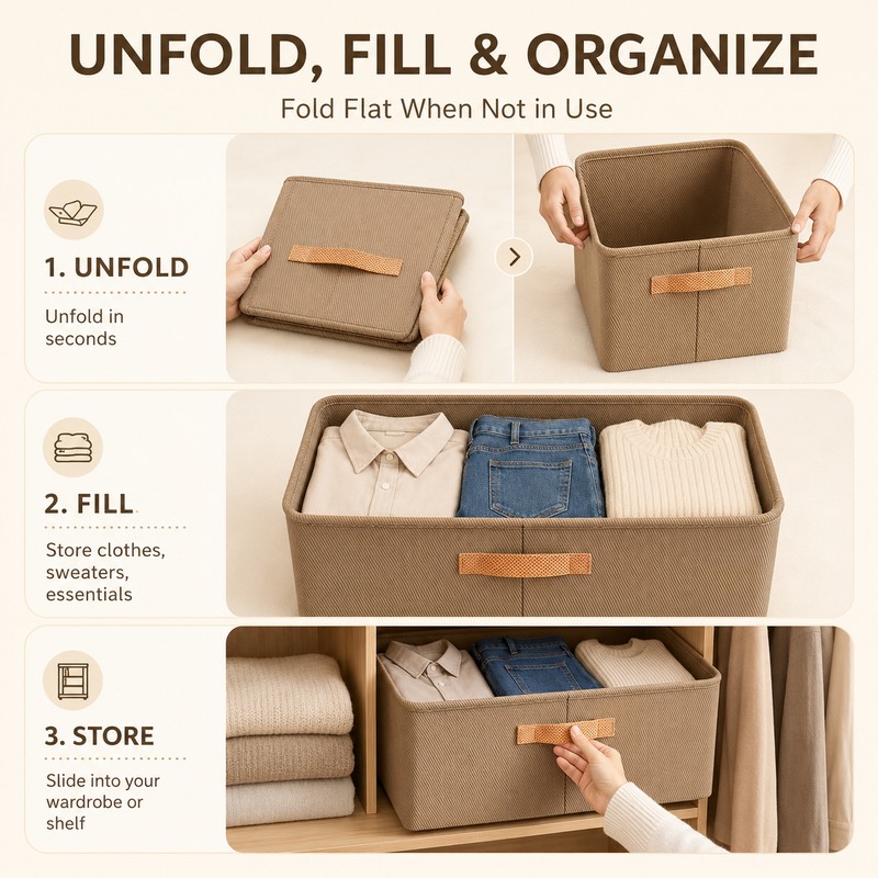 Foldable Fabric Clothes Storage Box with Handle, Gray Wardrobe Organizer