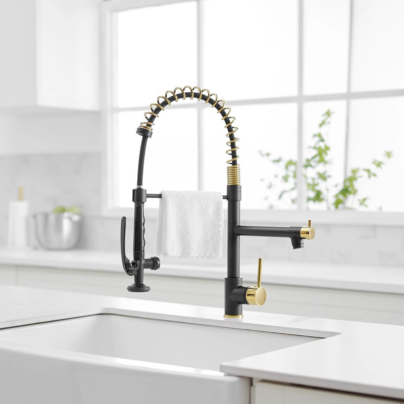 Modern Single-Hole Matte Black with Gold Pull Down Kitchen Faucet
